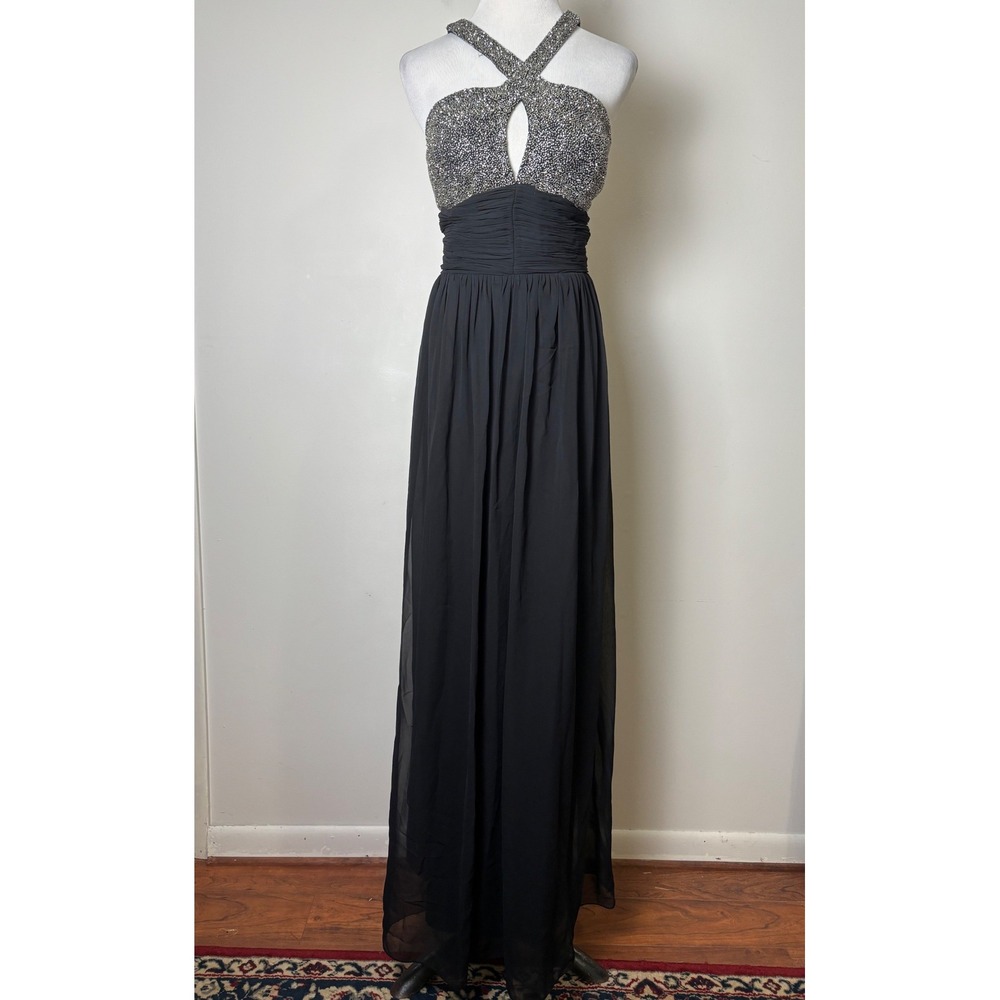 JS Collections Black Halter Sequin Bodice Maxi Dress